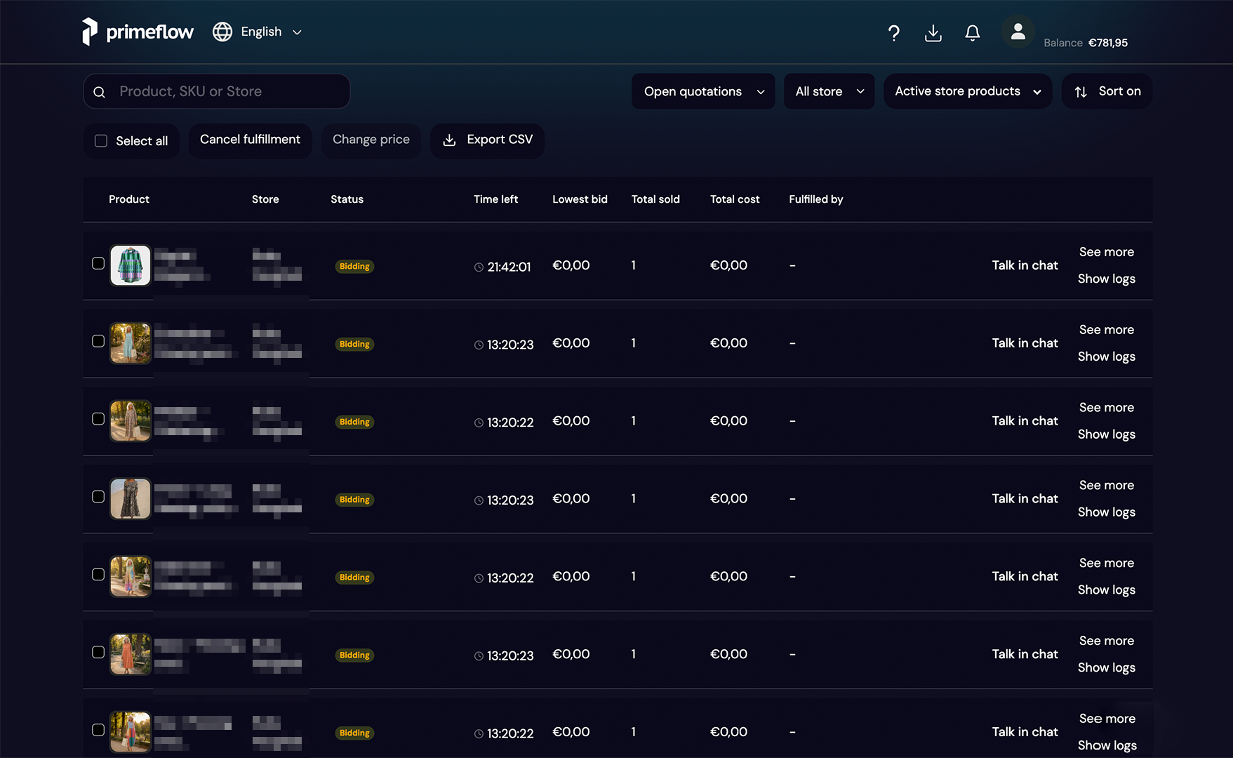 PrimeFlow product quotation dashboard